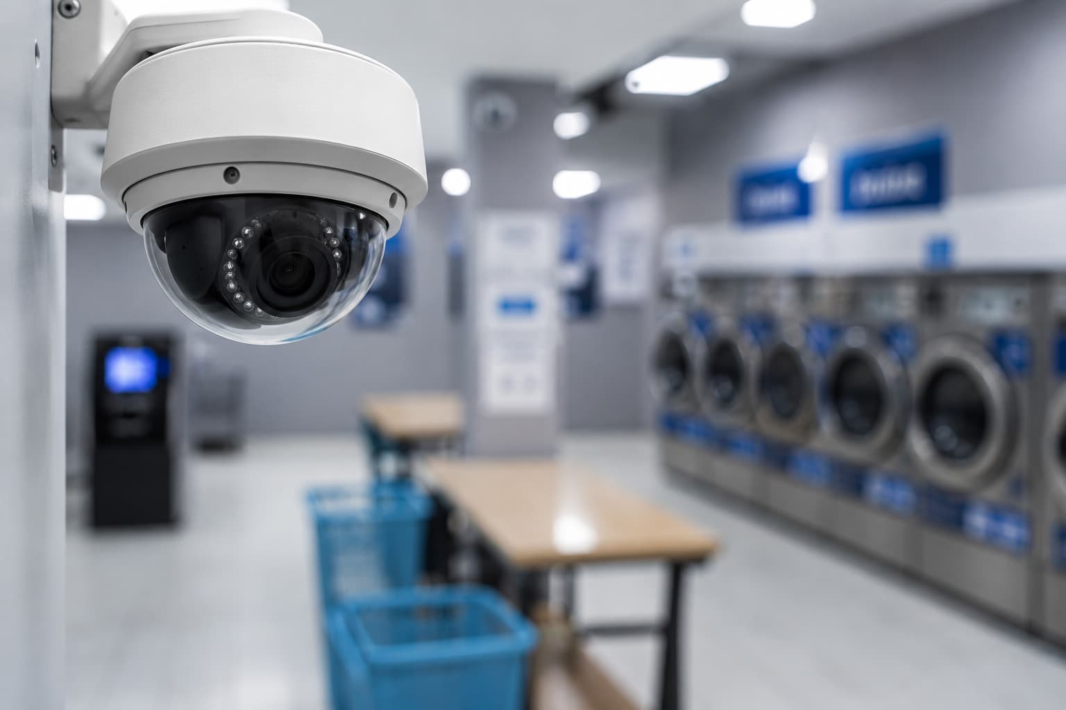 Sécurité d'une laverie automatique : vidéosurveillance, incendie et protection du matériel