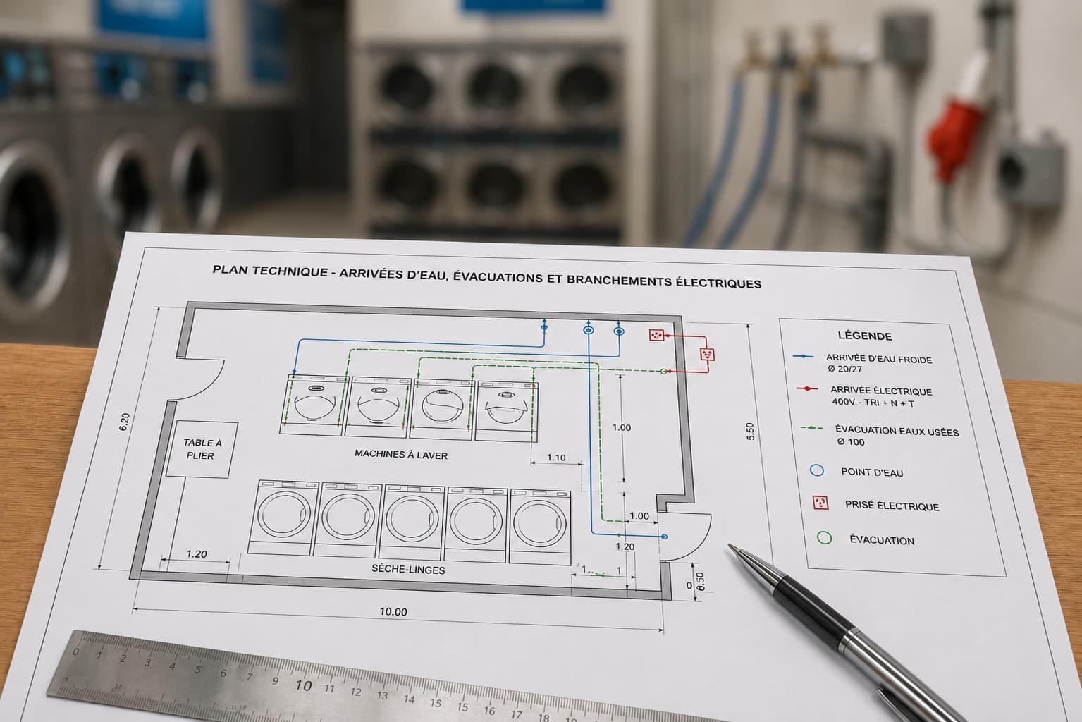 Comment dimensionner les arrivées d'eau, évacuations et branchements électriques d'une laverie ?